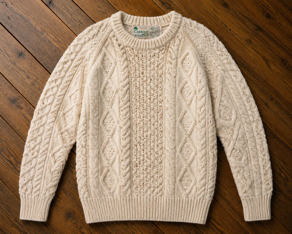 Carraig Donn Aran Irish Wool Sweater Men's S Cream Cable Knit Fisherman Handmade
